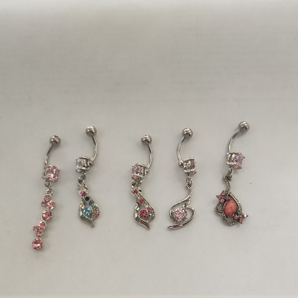 Silver and Pink Belly Button Rings Set Of 5
